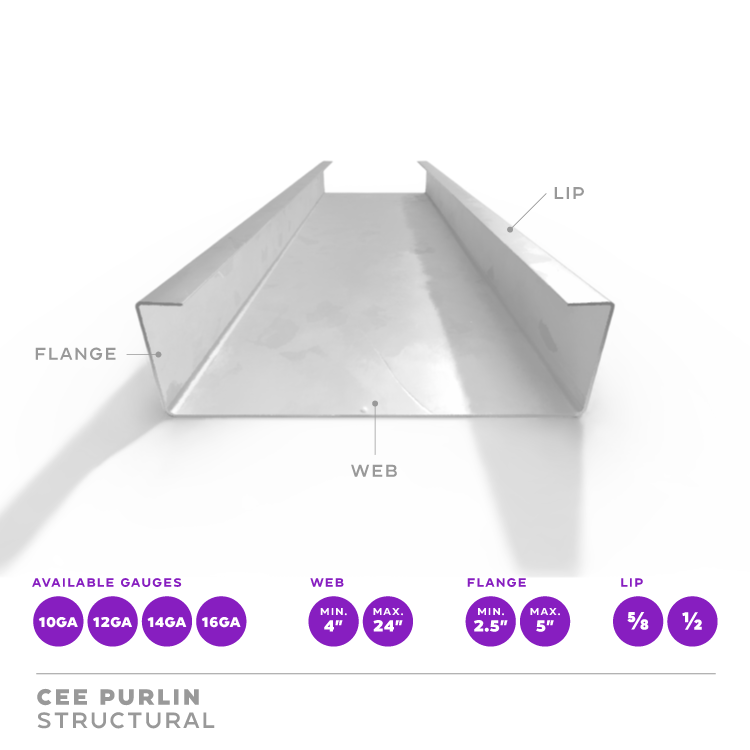 4" x 2.5" - 16 Gauge Cee Purlin/Girt