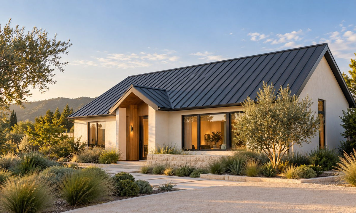 Modern home with a dark standing seam metal roof at golden hour